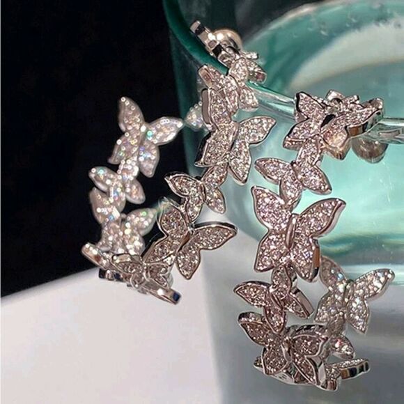 Silver Diamond Butterfly Hoop Earrings - Picture 1 of 9